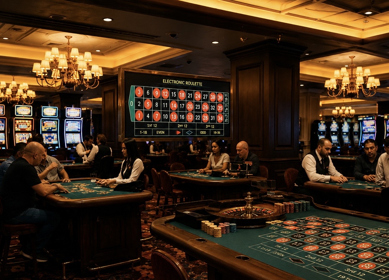 Elevated view across a working casino floor showing roulette, blackjack and other table games with slot machines in the background