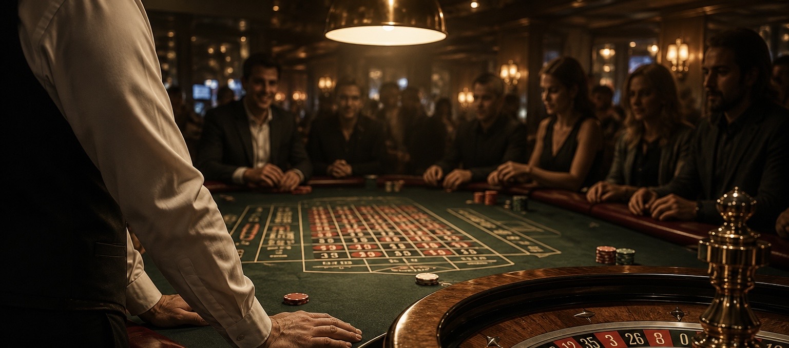 Dealer's viewpoint over a roulette wheel and green baize, players seated around the table in a dimly lit casino