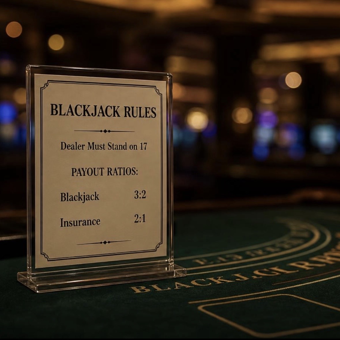 A blackjack table sign on dark green baize listing payout ratios of 3:2 for blackjack and 2:1 for insurance, with a dimly lit casino floor out of focus behind