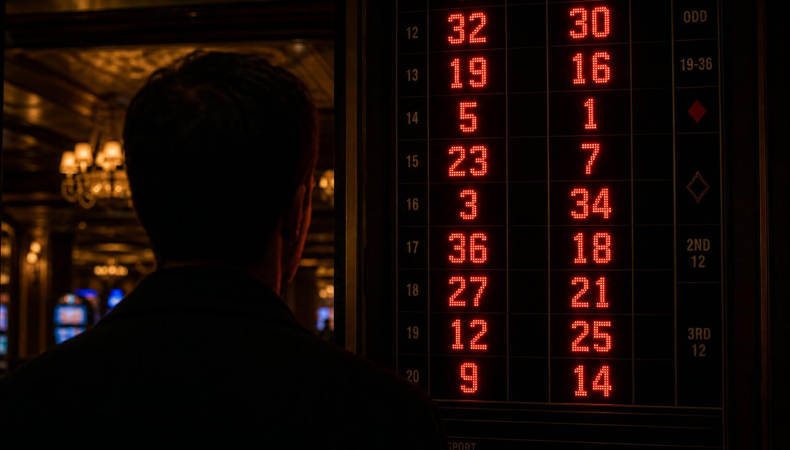 A gambler studying a casino roulette results board showing a long streak of genuine red roulette numbers, an example of short-term variance mistaken for a meaningful pattern