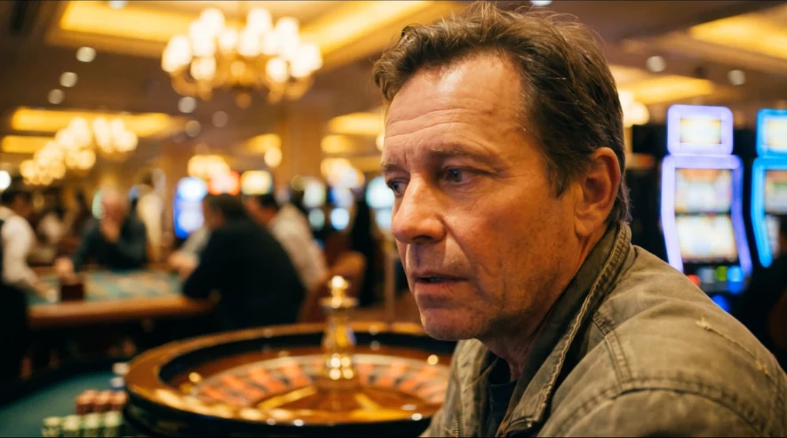 A man seated at a roulette table in a warmly lit casino, with chandeliers and slot machines glowing in the background