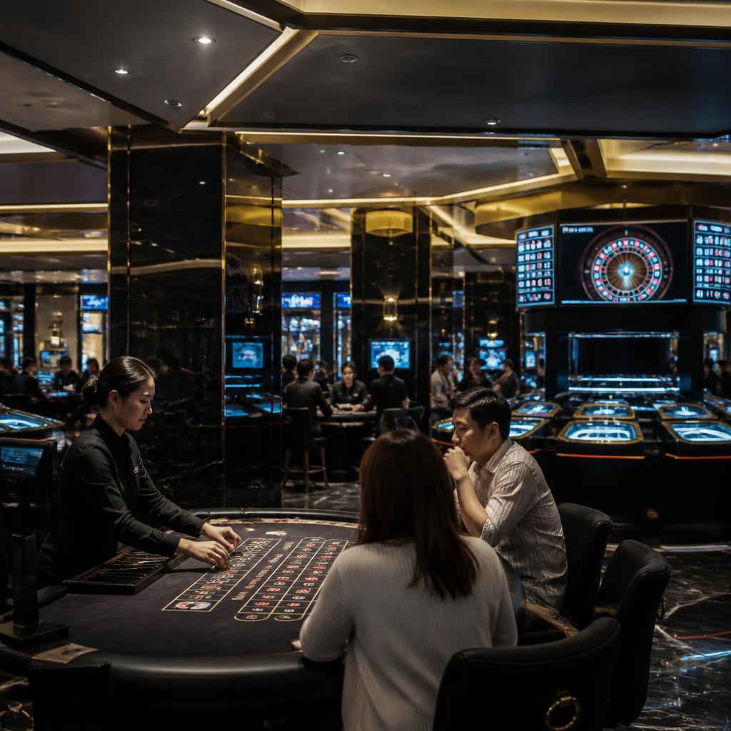 A dimly lit casino interior with a roulette table, a glowing previous-numbers display column, notepads and pens on the felt, and complimentary drinks and food on a side table