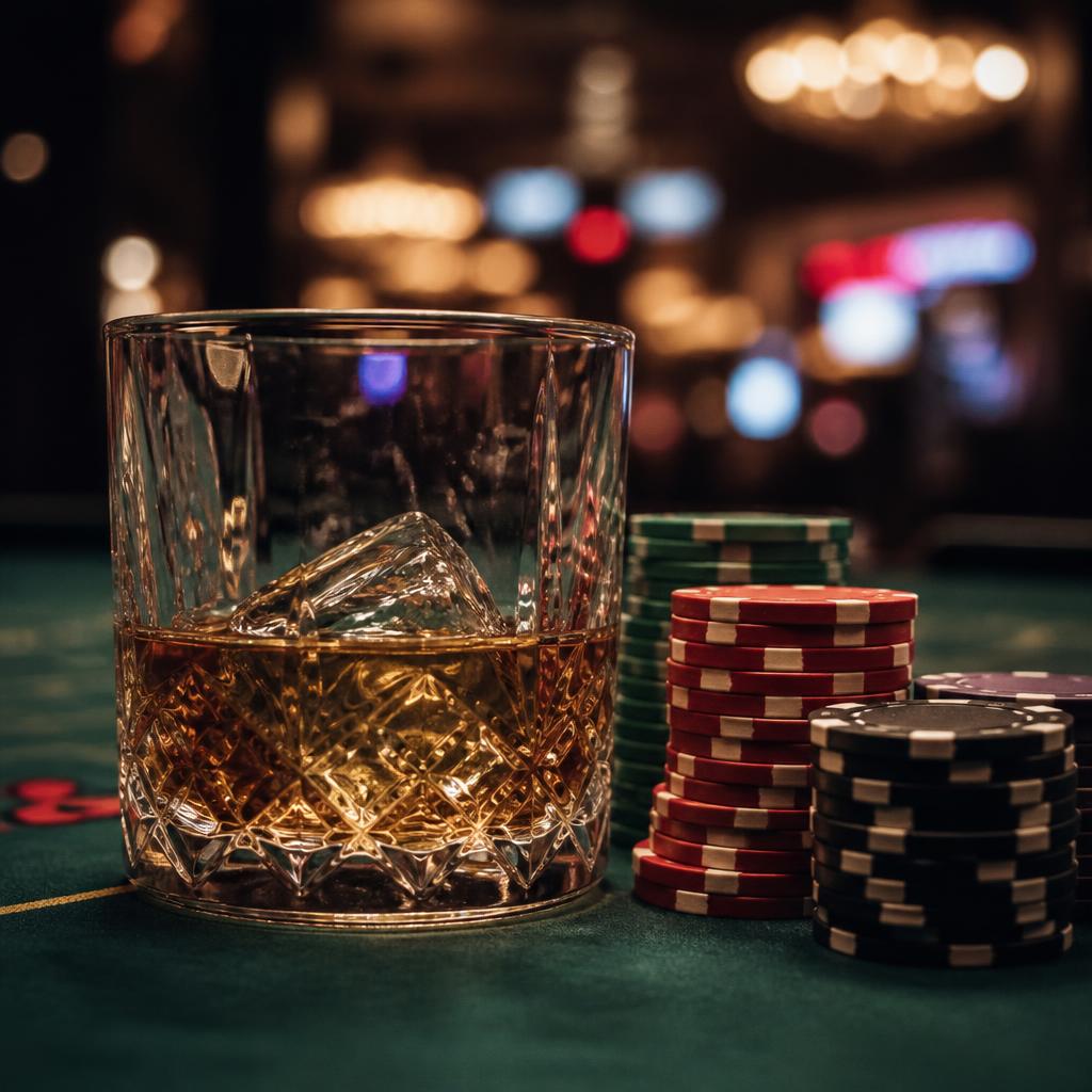 A tumbler of amber whiskey with ice and a small plate of complimentary bar snacks resting on the edge of a dark green felt gaming table, with stacks of golden chips in the background