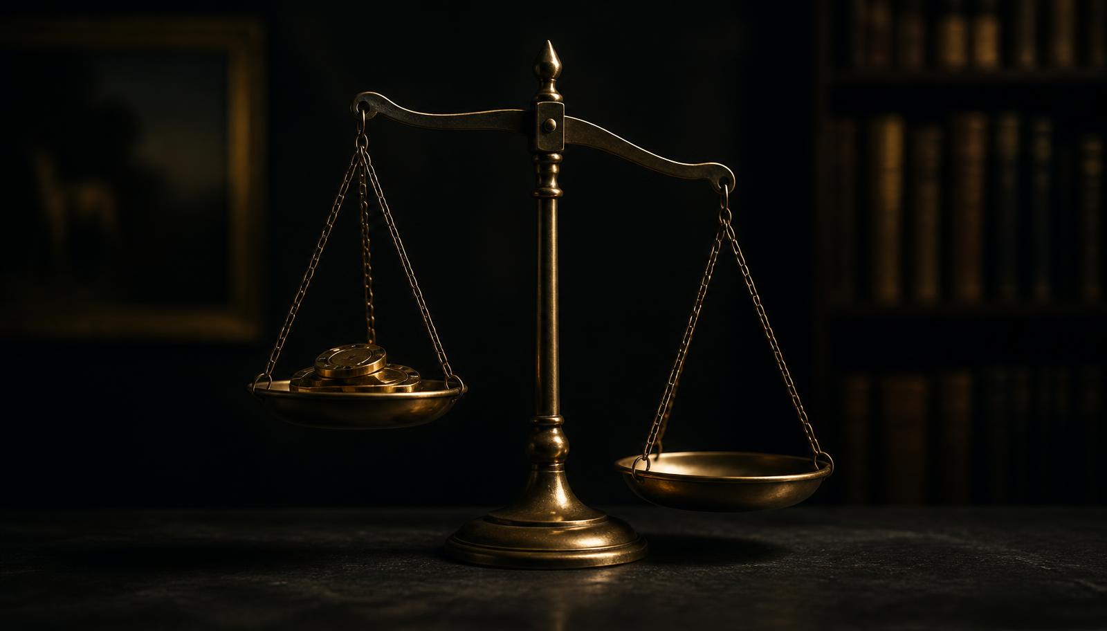 An antique brass balance scale in a dark room, one pan holding a few gold casino chips and the other empty, lit by warm gold light