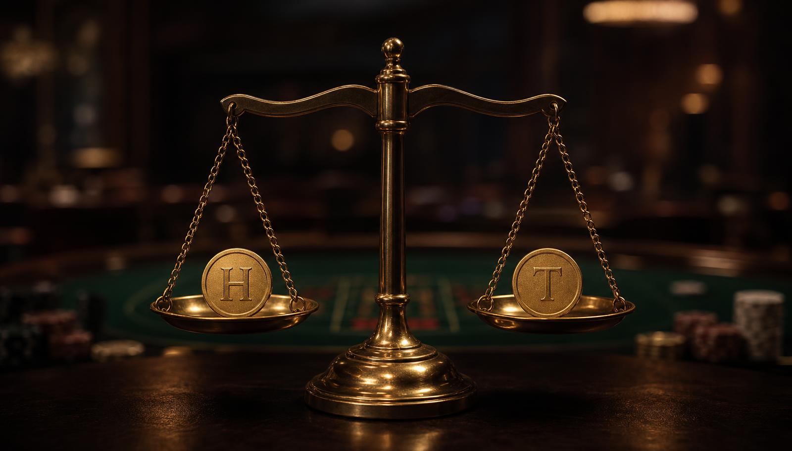 A polished brass balance scale resting perfectly level, one gold coin marked H in the left pan and one marked T in the right