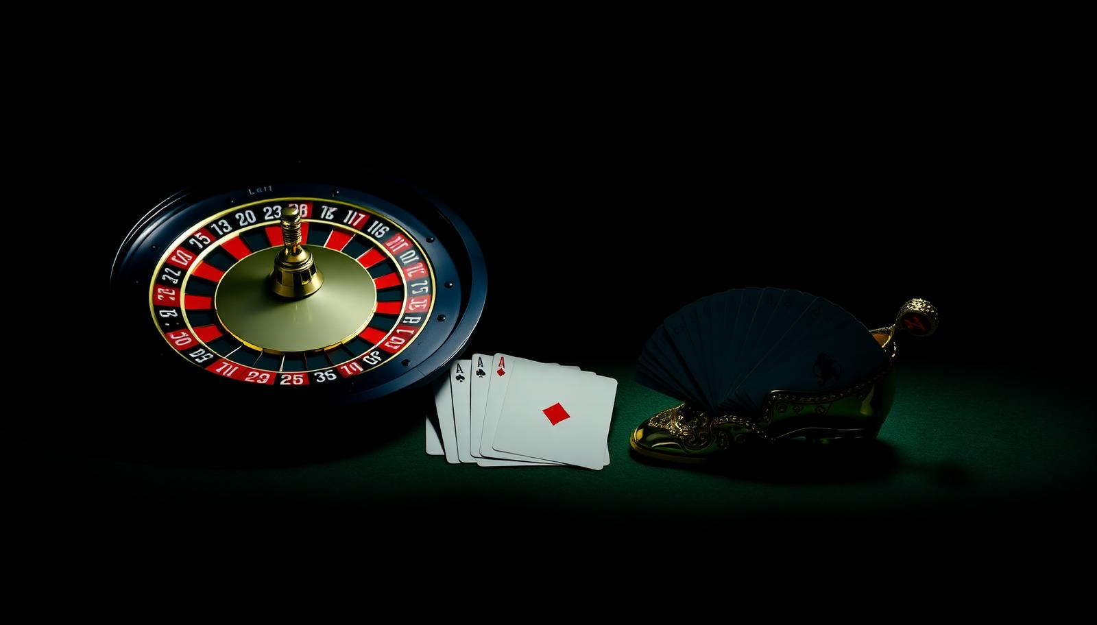 A European roulette wheel and a shoe of playing cards on dark green felt, lit with warm gold light