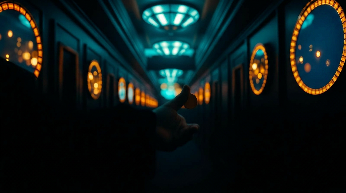 A stylised corridor of glowing casino signs with a hand offering a chip
