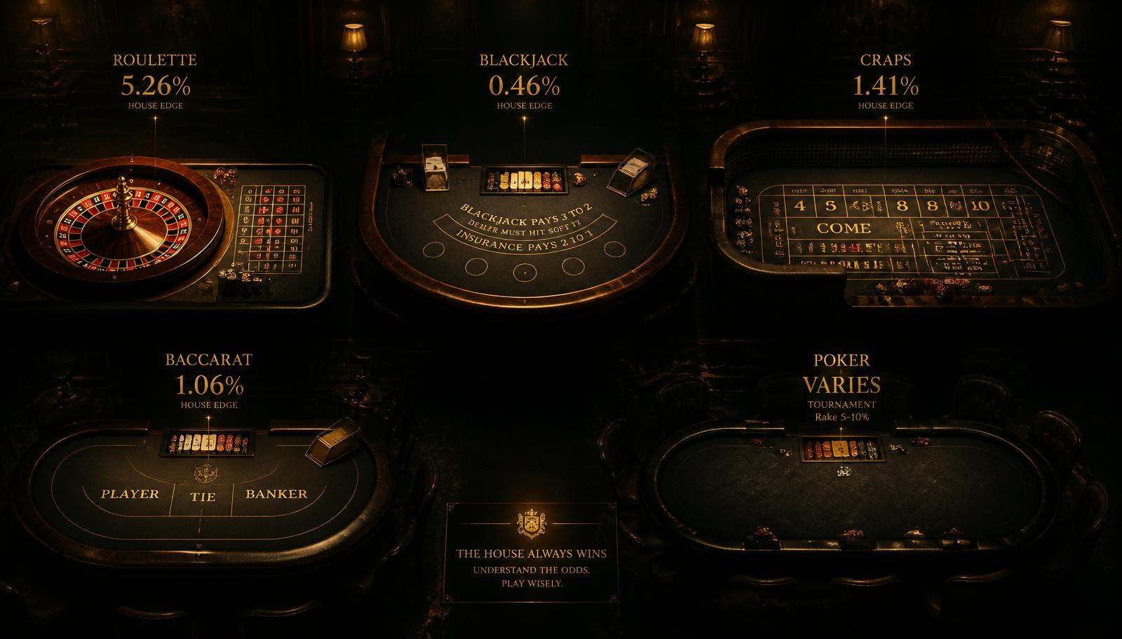 Overhead cinematic view of roulette, blackjack, craps, baccarat and poker tables arranged in a dark museum-style grid, lit with warm gold, with house edge percentages ghosted above each table