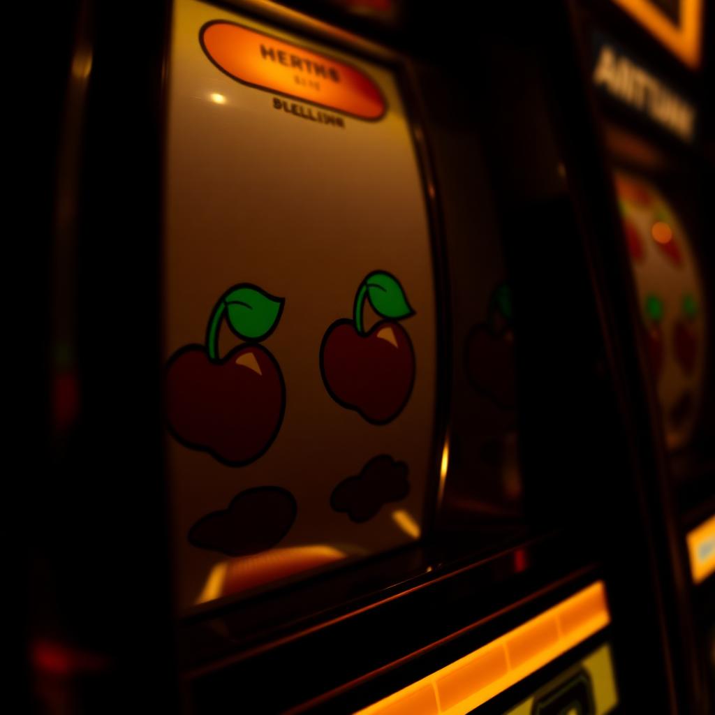 Close-up of a slot machine reel showing two cherries on the payline and a third cherry just above it — a near miss