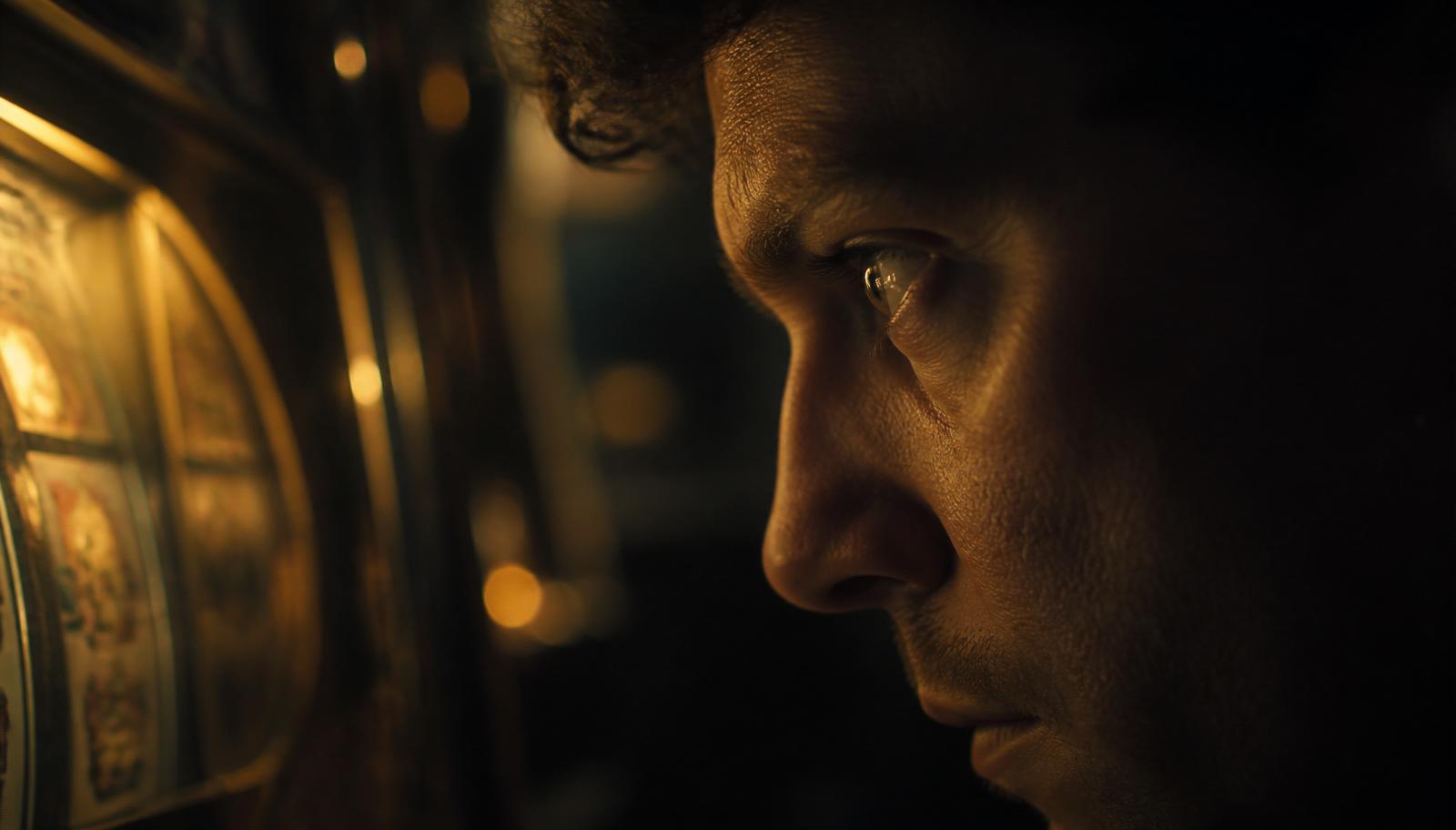 Close-up profile of a player's face lit by the glow of a slot machine near miss, eyes fixed on the reels