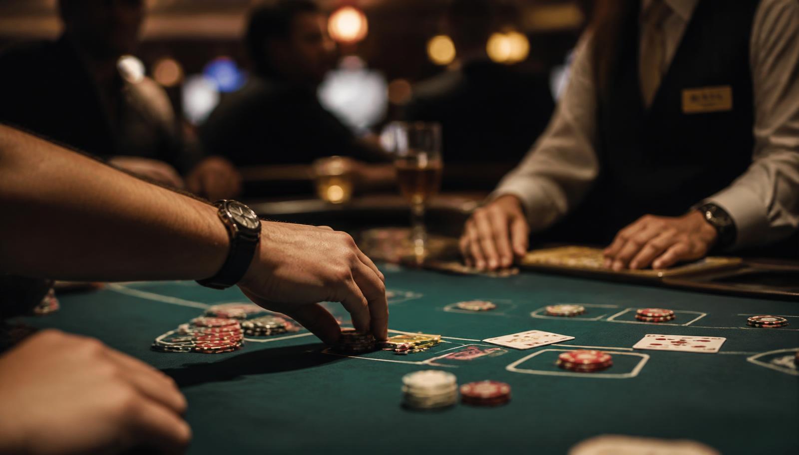 Hands moving casino chips across a green felt table in a dark, atmospheric casino, illustrating repeated wagering and turnover