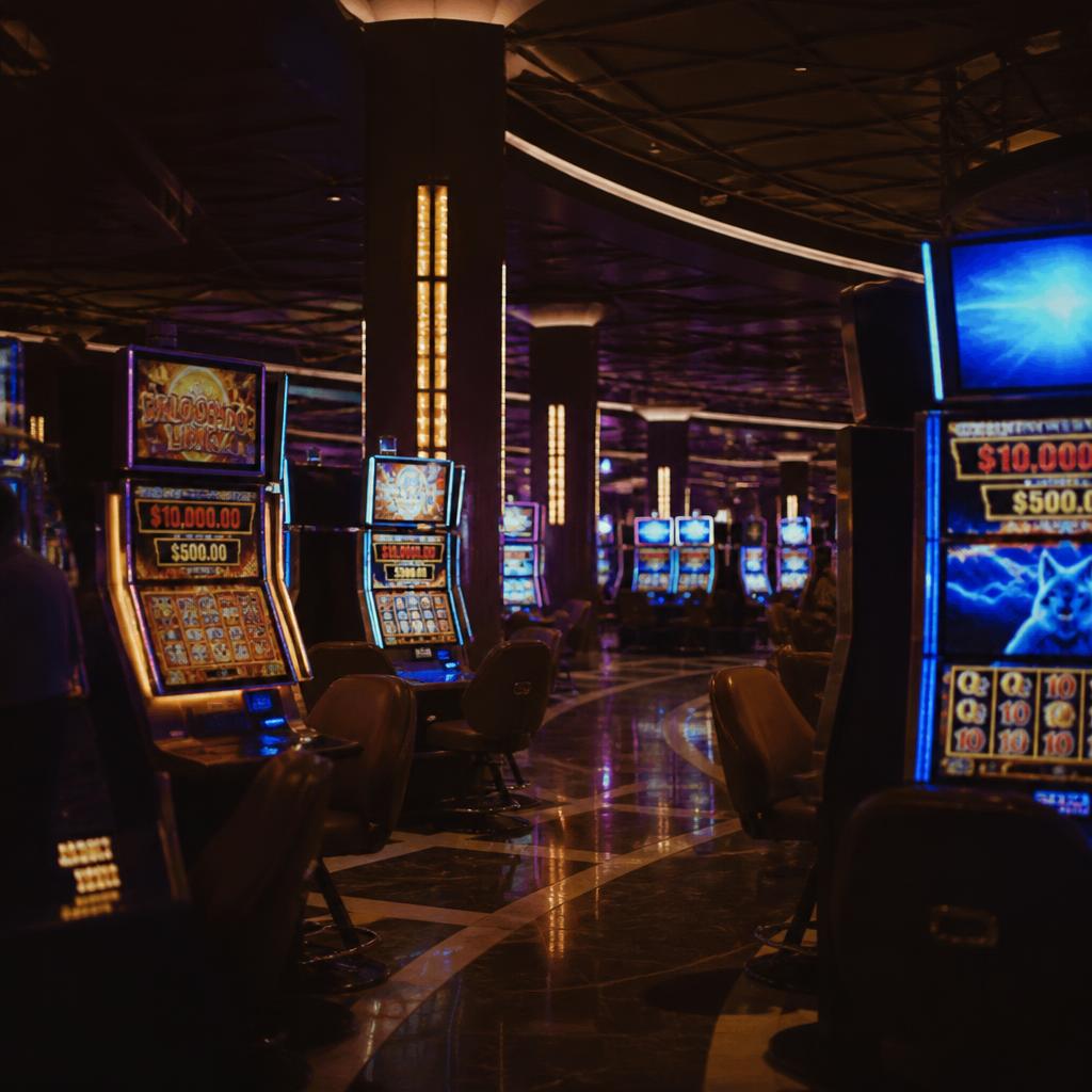 A wide interior view of a dark casino floor at night, lit by warm gold chandeliers, with no visible clocks or windows and curved aisles between gaming tables