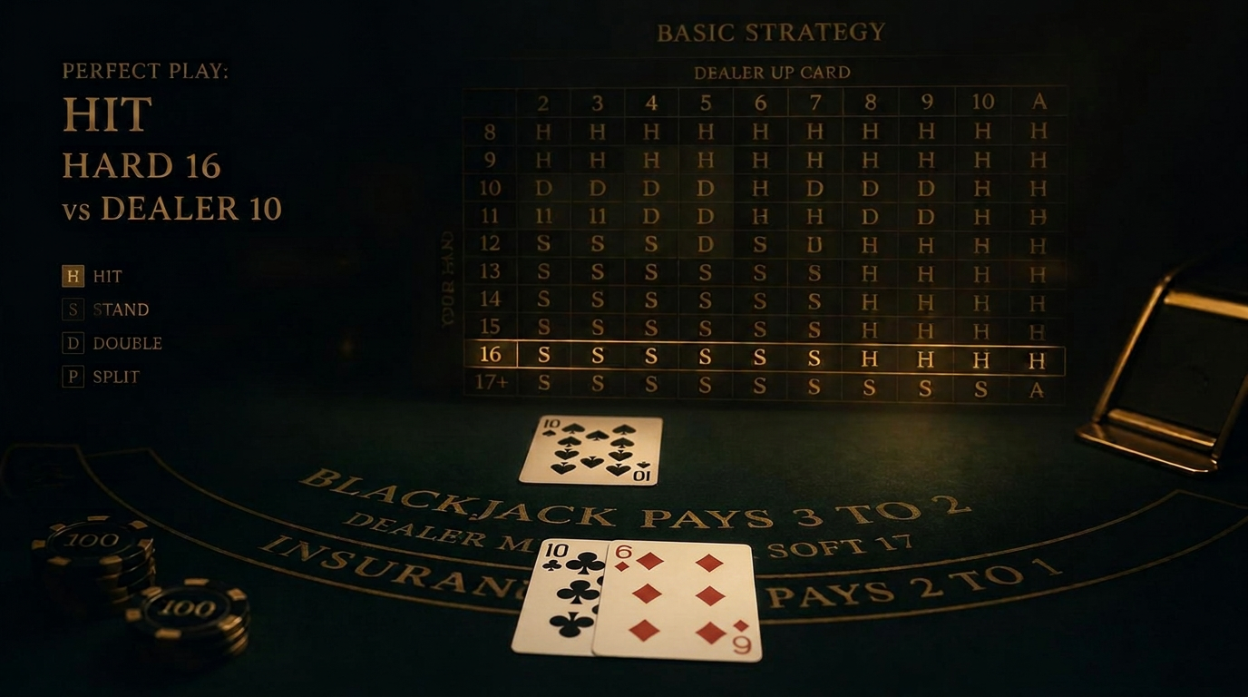 A dark blackjack table lit with warm gold light, cards showing a hard 16 versus dealer 10, with a faint golden basic strategy chart ghosted in the background
