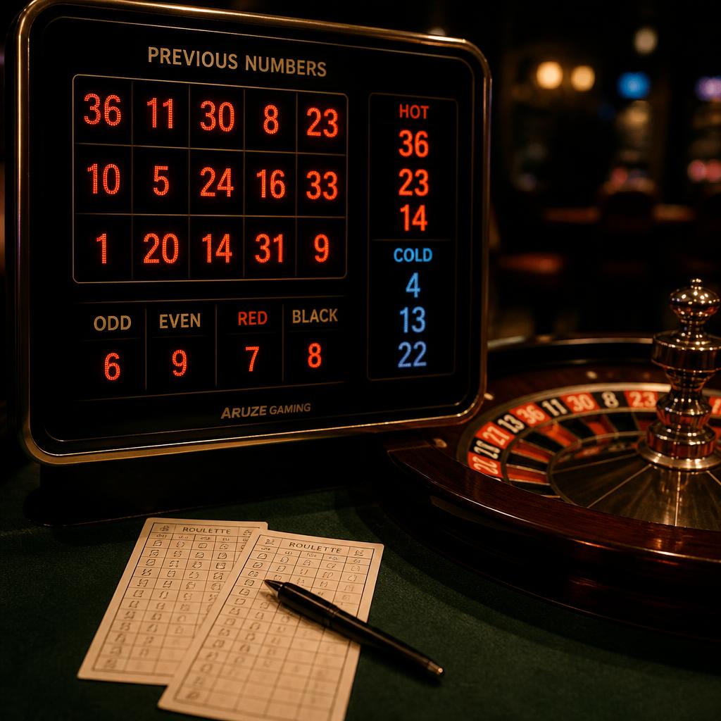 A glowing previous-numbers display column beside the edge of a roulette wheel, with small printed tracking cards and a pen resting on dark felt