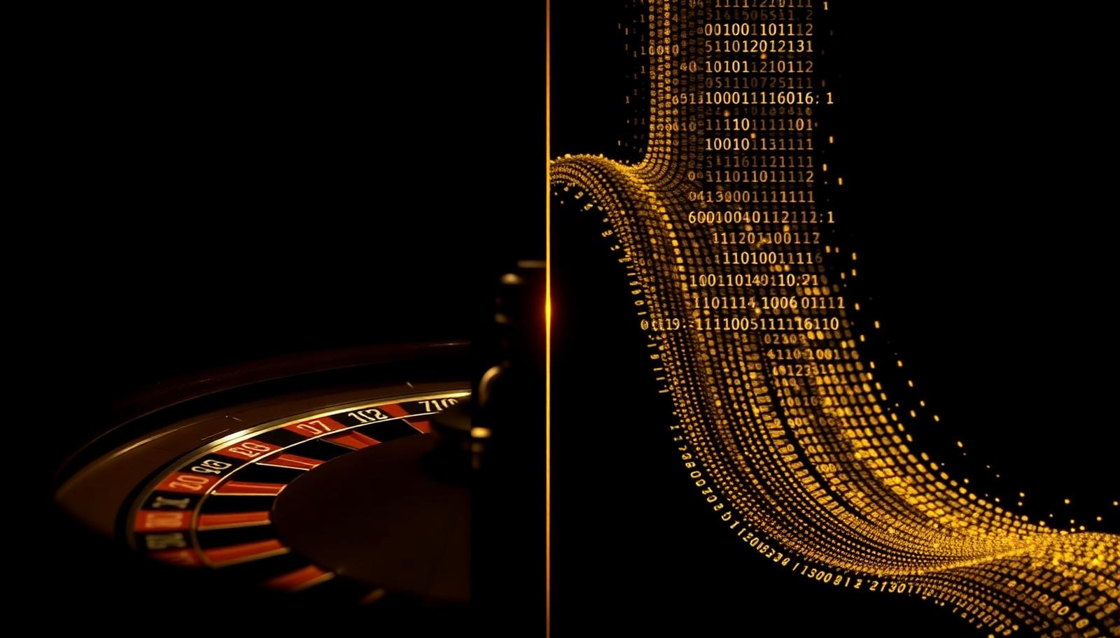 A physical roulette wheel on the left and a flowing stream of golden digits on the right, divided by a thin gold line