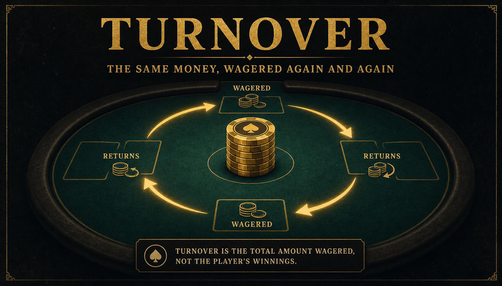 A dark casino table with a central stack of golden chips and a glowing loop of gold arrows showing money being wagered, returned, and wagered again