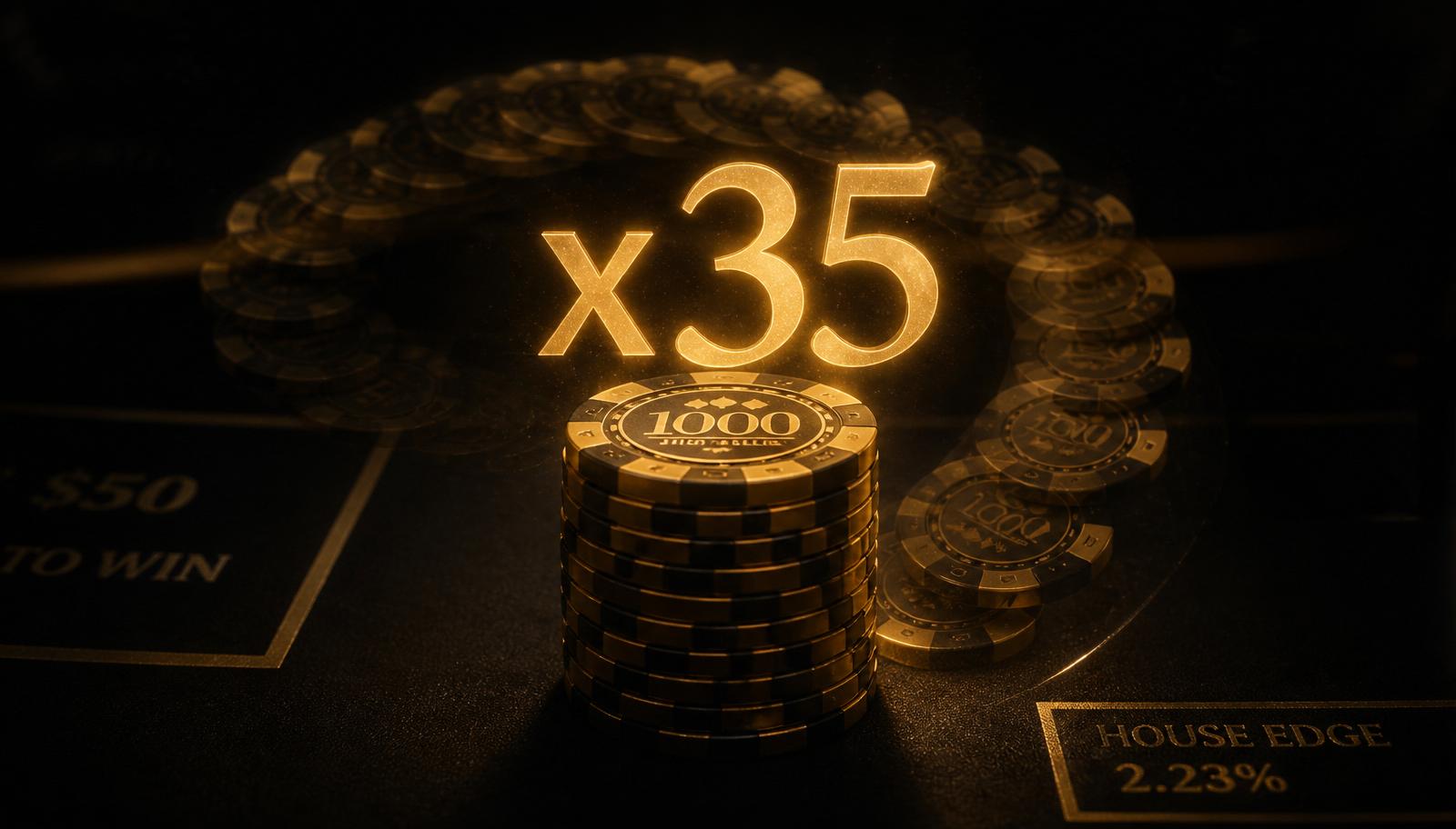 A stack of gold casino chips on dark felt with a glowing ×35 multiplier hovering above and a spiral of chips showing money cycling through wagering