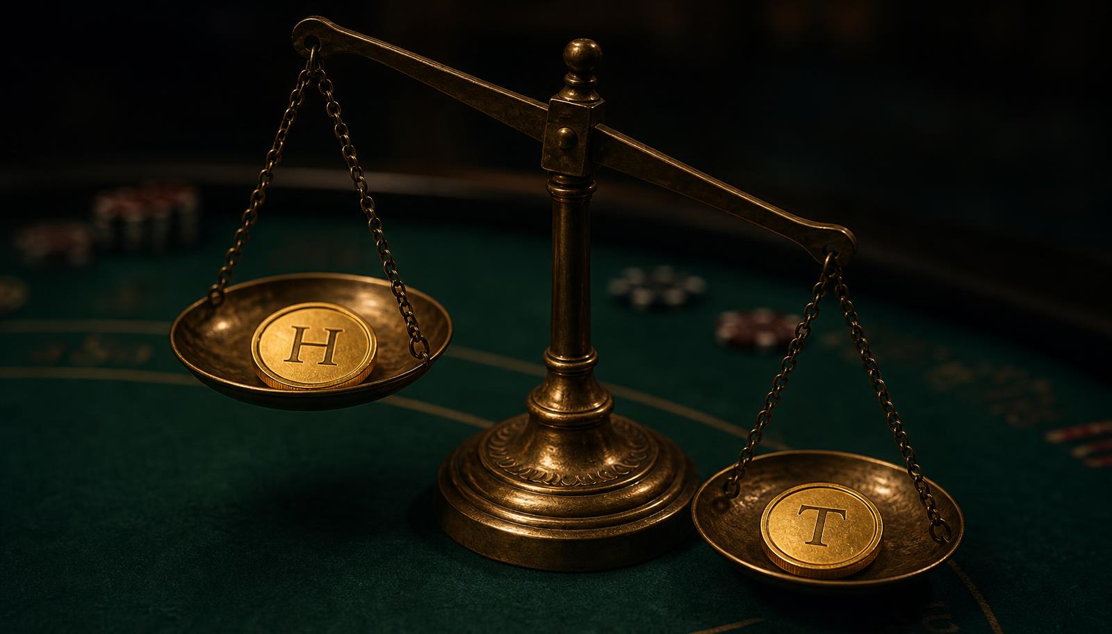 A polished brass balance scale tipped down on the tails side, the heads coin raised higher to show a smaller win cannot balance a larger loss