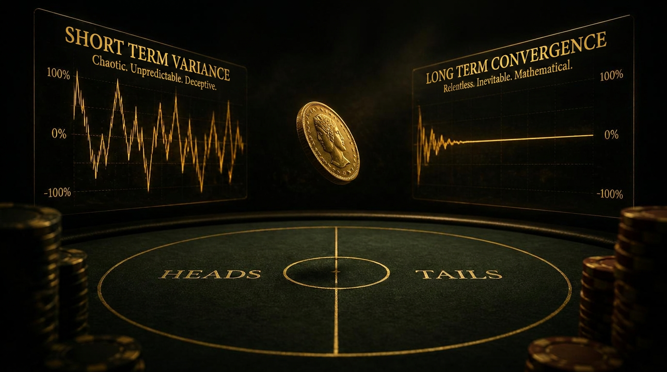 A chaotic gold line settling into a flat horizontal line above a dark green felt table marked HEADS and TAILS, with a golden coin mid-flip