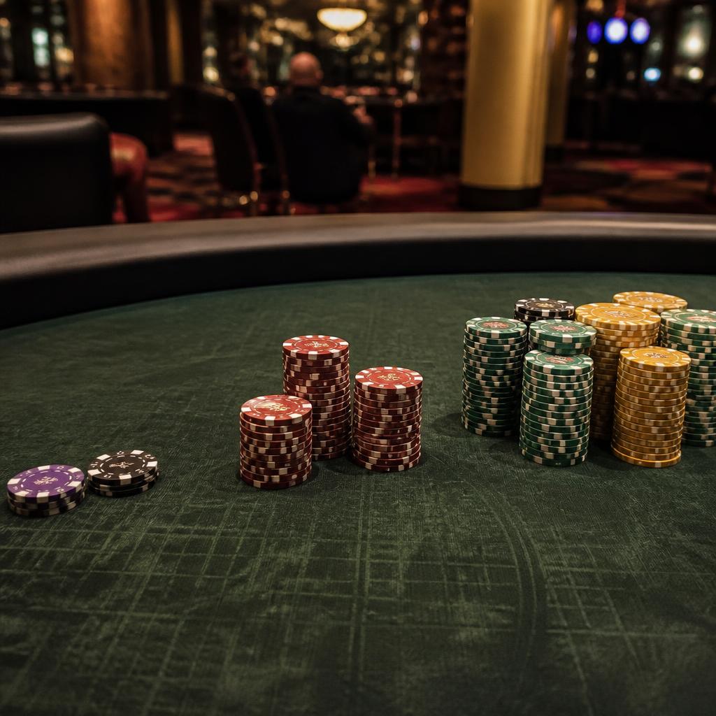 Three groups of casino chips on dark green baize, progressing from a couple of chips to several larger stacks and then to a substantial collection of tall stacks